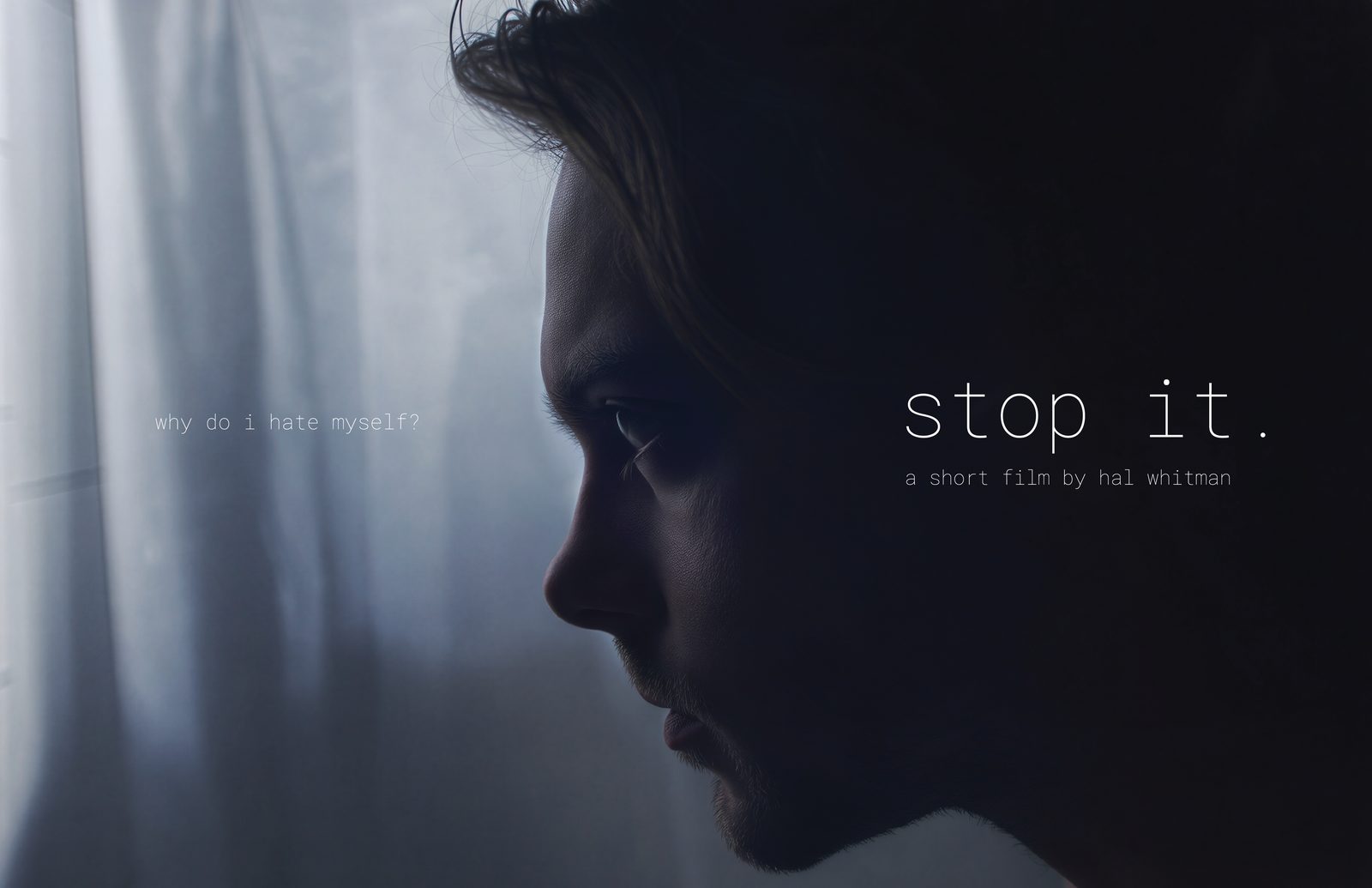 Key art for stop it. A young man in profile in shadow beside a curtained window, with the title and the line why do i hate myself.