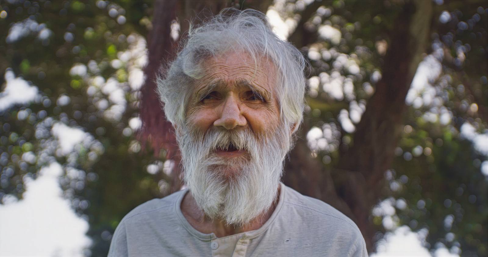 An older man with white hair and a full beard, outdoors under a tree in daylight, looking just past the camera.